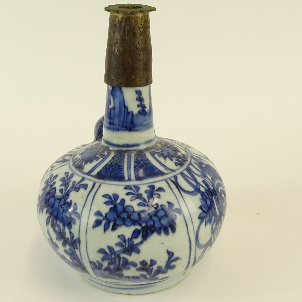 Chinese Ming Dynasty Blue and White Porcelain and Brass Opium Pipe Kendi. Unsigned. Restoration to - Image 4 of 8