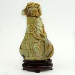 Antique Chinese Carved Iridescent Opal Magnum Snuff Bottle/Jar With Lid. Hardwood base. Relief