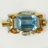 Large Retro Emerald Cut Aquamarine, Round Cut Diamond and 14 Karat Gold Pendant. Set in the center