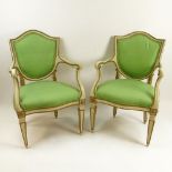 Pair of 19th Century Italian Painted and Parcel Gilt Shield Back Open Arm Chairs. Unsigned. Rubbing,