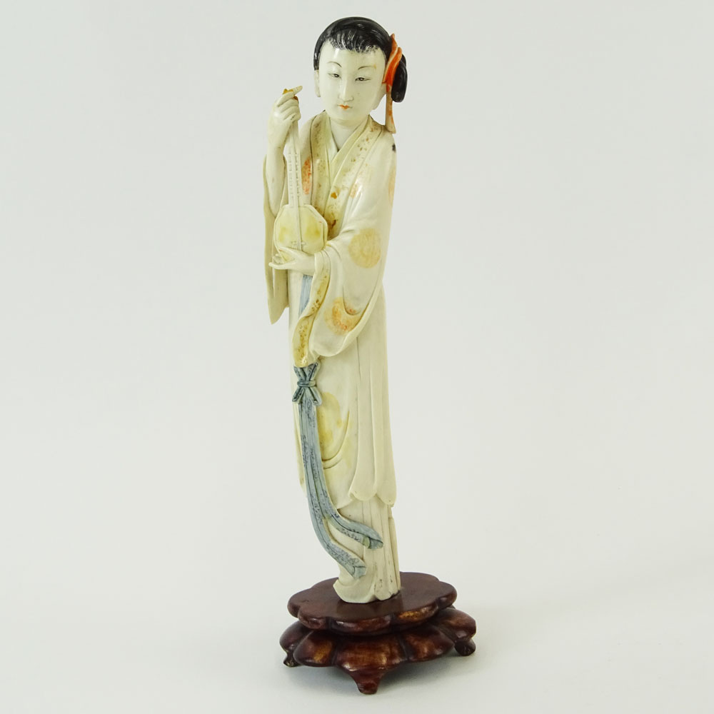 Chinese Carved Polychrome Ivory Maiden Figure on Carved Wood Base. Unsigned. Small losses / damages.