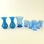 Lot of Nine (9) Blue Opaline Glass Tabletop Items. Includes 2 bulbous vases, an enameled vase and