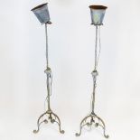 Pair circa 1920's Wrought Iron Torchieres. Unsigned. Corrosion throughout. Please examine care fully