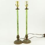 Pair Early 20th Century Etched Glass and Bronze Boudoir Lamps. Unsigned. Oxidation at bases or in