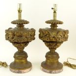 Large Pair of Vintage, Probably Italian Carved Gilt Wood Table Lamps With Marble Bases. Unsigned.