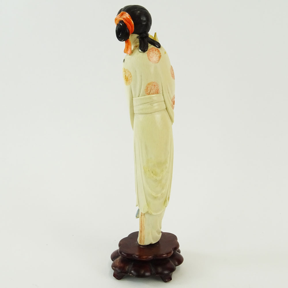 Chinese Carved Polychrome Ivory Maiden Figure on Carved Wood Base. Unsigned. Small losses / damages. - Image 2 of 6