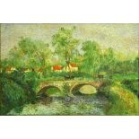 after: Camille Pissarro, French (1830-1903) oil on canvas, "Stone Bridge". Signed lower right. Two