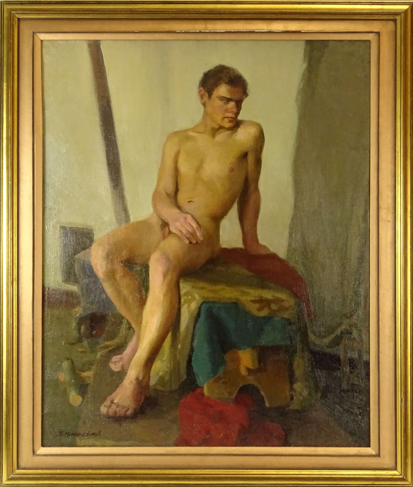 attributed to: Petr Petrovich Konchalovsky, Russian/Ukranian (1876-1956) Oil on canvas "Male Nude" - Image 2 of 4