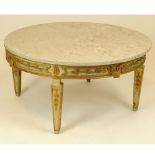 Mid 20th Century Italian carved and parcel gilt wood coffee table with marble top. Unsigned.