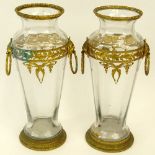 Pair of Gilt Metal Mounted Glass Vases With Mask Ring Handles. Unsigned. Oxidation or in good