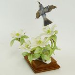 Dorothy Doughty Royal Worcester Porcelain Bird Group "Blue-Grey Gnatcatcher & Dogwood". On wood