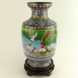 Chinese Cloisonne Enamel Vase with wood base. Unsigned. Good condition. Measures 15-1/4 inches