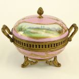 Sevres Bronze Mounted Hand Painted Covered Porcelain Box. Marked on bottom. Light wear or in good