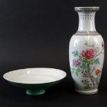 Chinese Famille Rose Baluster Vase with calligraphy, along with a shallow footed bow. Both signed