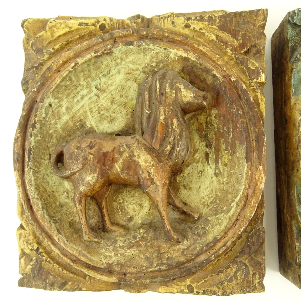Two (2) Early 20th C Addison Mizner Carved Painted Wall Plaques/Medallions with Animals. Unsigned. - Image 3 of 5