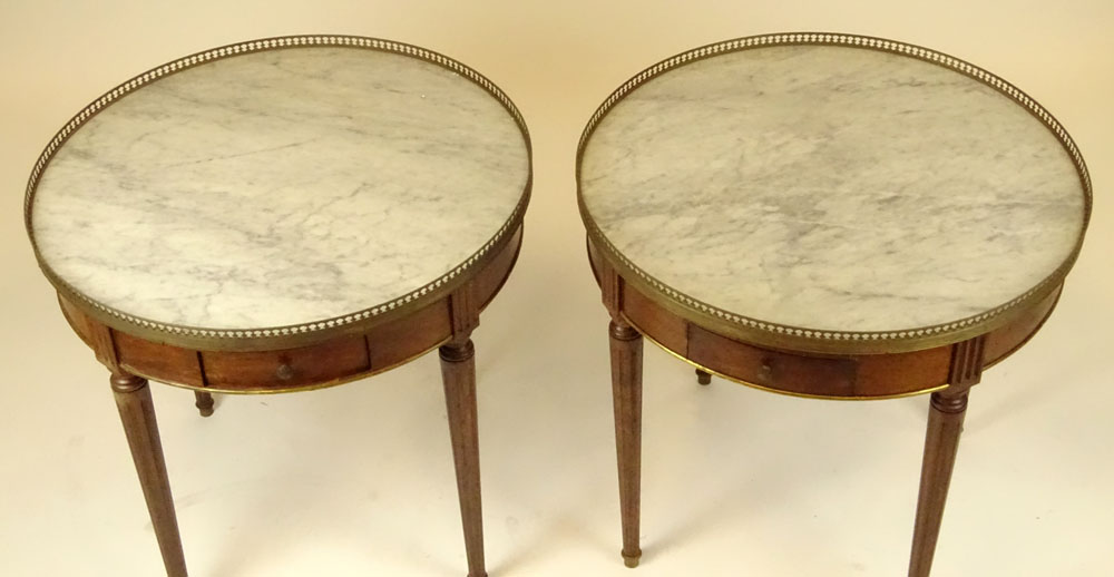 Pair of mid 20th century Italian Louis XVl style mahogany bouillotte tables with marble tops and - Image 3 of 3
