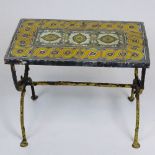 Addison Mizner style circa 1920's glazed terracotta tile and wrought iron garden table. Unsigned.