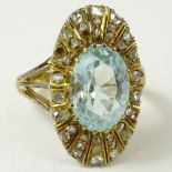 Antique Oval Cut Aquamarine, Rose Cut Diamond and 14 Karat Yellow Gold Ring. Aquamarine with nice