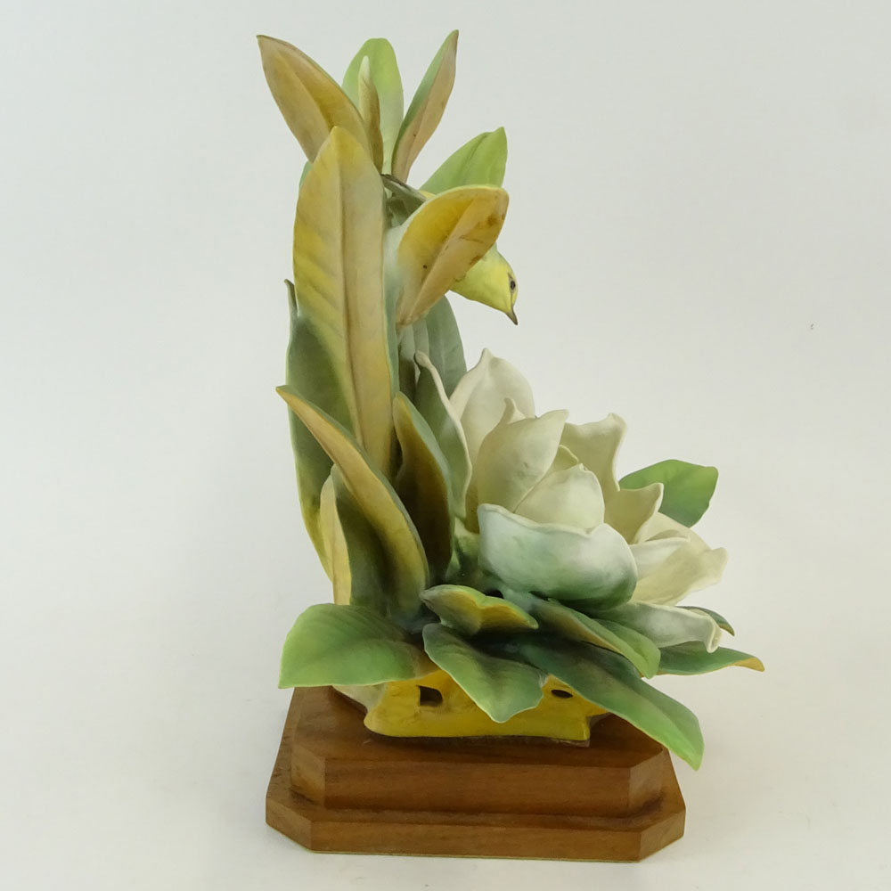 Dorothy Doughty Royal Worcester Porcelain Bird Group "Magnolia Warbler". On wood stand. Signed. Good - Image 4 of 7