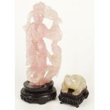 Lot of Two Chinese hardstone items. This lot includes a rose quartz group depicting a lady and a