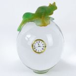 Daum France Glass Orb with Clock and Pate de Verre Frog (lacking pate de verre base). Very good