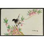 Chinese Porcelain Plaque with Bird and Blossoming Branch Decoration and Calligraphy. Red Seal Mark