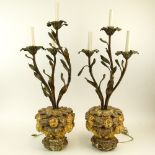 Pair of Early 20th Century Carved Gilt Wood and Painted Tole Three Light Flower Form Candelabra.