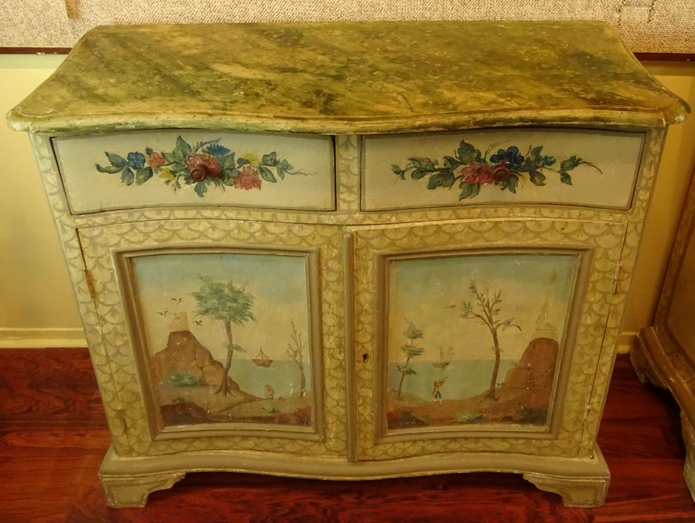 Pair of 19th Century Probably Italian Distressed Painted 2 Door, 2 Drawer Pine Cabinets with Faux - Image 3 of 5