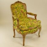 Mid 20th Century Italian Louis XV style carved and distress painted Fauteuil. Unsigned. Separation