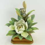 Dorothy Doughty Royal Worcester Porcelain Bird Group "Magnolia Warbler". On wood stand. Signed.