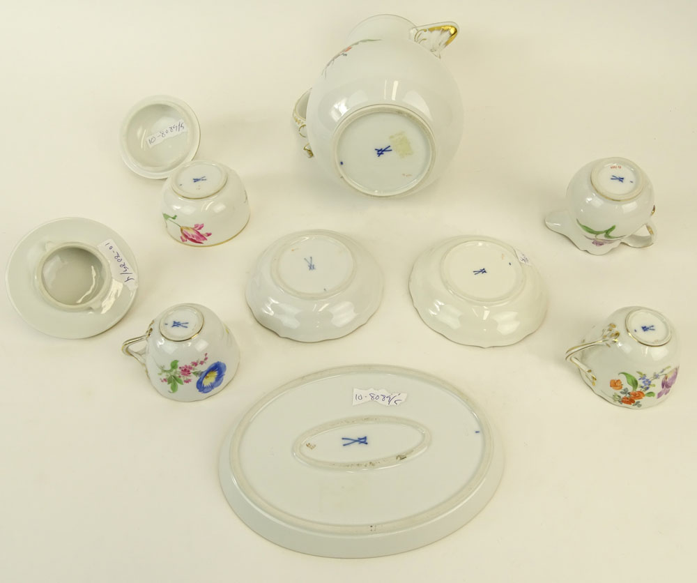 Meissen Hand Painted Porcelain Partial Tea/Coffee Service. Includes: Pot, 9-1/2"; covered sugar, - Image 4 of 5