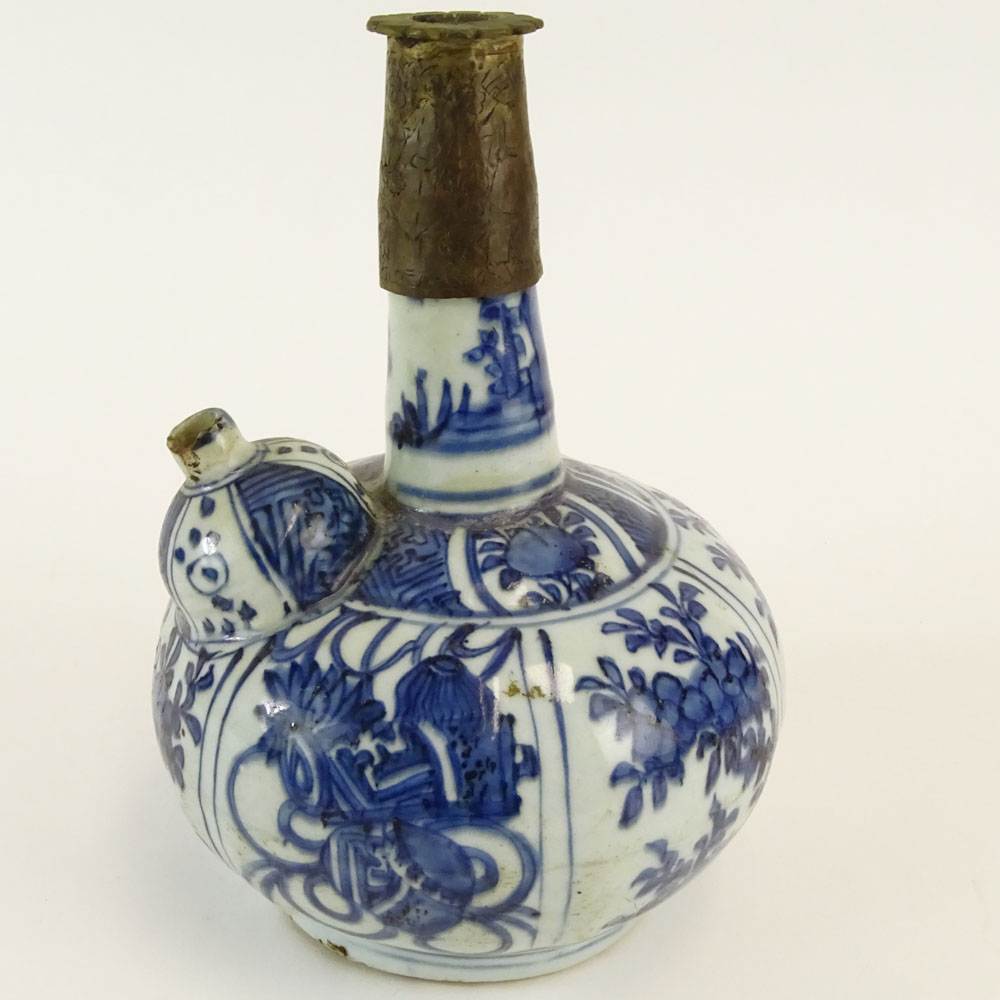 Chinese Ming Dynasty Blue and White Porcelain and Brass Opium Pipe Kendi. Unsigned. Restoration to - Image 3 of 8