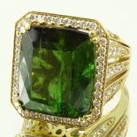 Approx. 22.0 Carat Emerald Cut Tourmaline, 2.0 Carat Diamond and 18 Karat Yellow Gold Ring.
