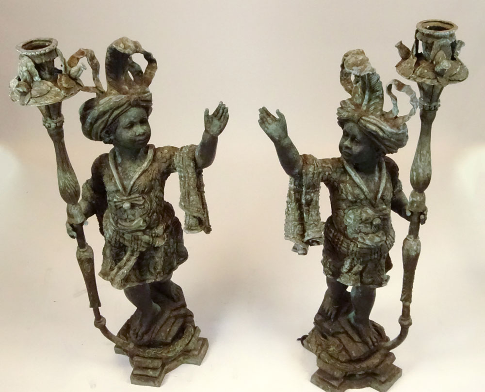 Pair 20th Century Bronze Nubian Torchieres. Unsigned. Oxidized patina. Measures 55" H x 27" W. - Image 2 of 3