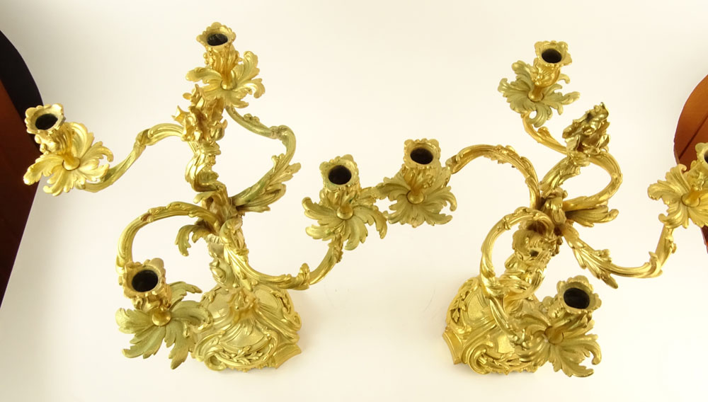 Pair 20th Century gilt bronze rococo 4 light candelabra. Unsigned. Small crack to one arm - Image 3 of 4