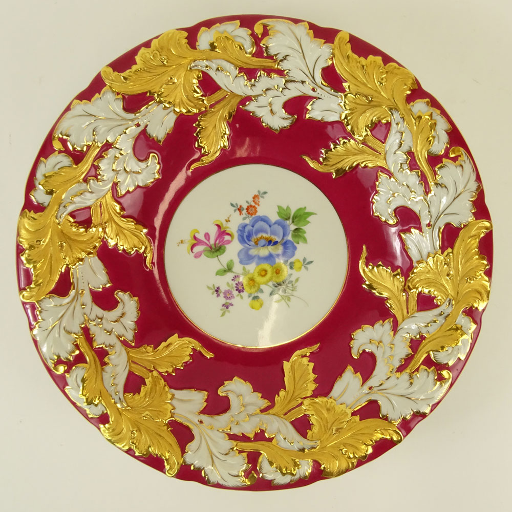 Large Meissen Hand Painted and Parcel Gilt Bowl With Red Border. Floral motif. Signed with crossed