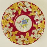 Large Meissen Hand Painted and Parcel Gilt Bowl With Red Border. Floral motif. Signed with crossed