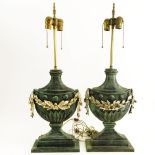 Pair Mid 20th Century urn form tole table lamps. Unsigned. Surface rubbing and wear, minor