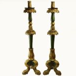 Pair of mid 20th century Italian carved painted and silver gilt candle torchieres. Unsigned.