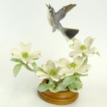 Dorothy Doughty Royal Worcester Porcelain Bird Group "Blue-Grey Gnatcatcher & Dogwood". On wood