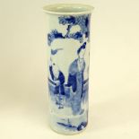 19th Century Chinese Blue and White Porcelain Cylinder Vase with Flared Rim. Figural Motif. Signed