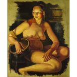 Russian oil painting on canvas in frame bearing signature Z. Serebriakova. "Nude In Sauna" Good