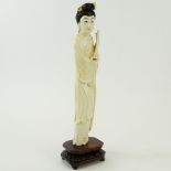 Chinese Carved Polychrome Ivory Maiden Figure on Carved Wood Base. Unsigned. Small losses / damages,