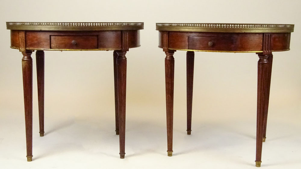 Pair of mid 20th century Italian Louis XVl style mahogany bouillotte tables with marble tops and - Image 2 of 3