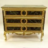 19/20th Century Probably Italian Faux Marble Painted and Parcel Gilt Three Drawer Commode. Unsigned.