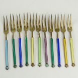 Lot of Eleven (11) David Andersen Enameled Gilt Sterling Silver Cocktail forks. Signed. Each