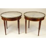 Pair of mid 20th century Italian Louis XVl style mahogany bouillotte tables with marble tops and