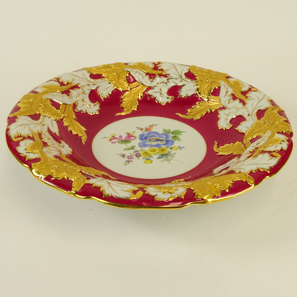 Large Meissen Hand Painted and Parcel Gilt Bowl With Red Border. Floral motif. Signed with crossed - Image 3 of 5