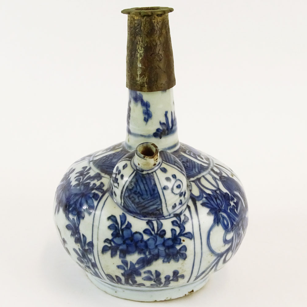 Chinese Ming Dynasty Blue and White Porcelain and Brass Opium Pipe Kendi. Unsigned. Restoration to - Image 2 of 8