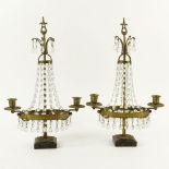 Pair of Early 20th Century Diminutive Empire Style Bronze and Crystal Girandoles. Unsigned. Beads